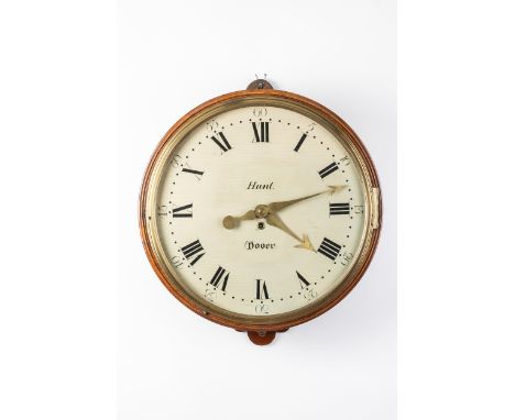 A MAHOGANY CASED LARGE WOODEN DIAL TIMEPIECEDetailed Hunt, DoverWith cast brass moulded bezel and pierced brass spade hands, 