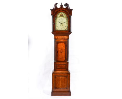 A LATE GEORGE III OAK, MAHOGANY AND OUTLINED THIRTY HOUR LONGCASE CLOCKThe case with a swan-neck pediment above arched glazed