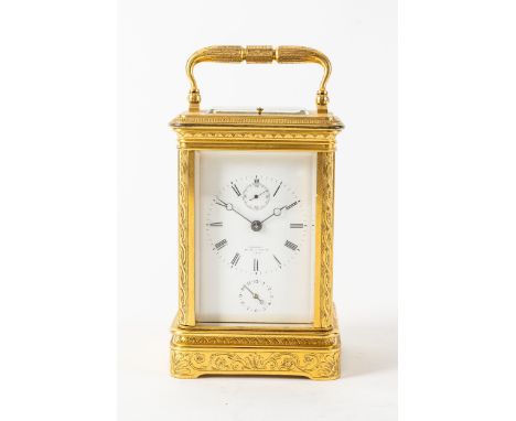 A FRENCH ENGRAVED GILT BRASS STRIKING AND REPEATING CARRIAGE CLOCK WITH DUPLEX ESCAPEMENTBy Bourdin, 28 rue de la Paix, Paris