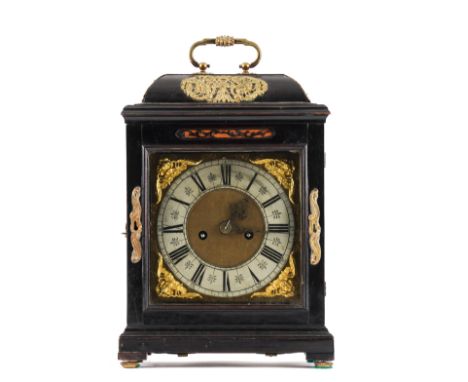 A WILLIAM AND MARY EBONISED STRIKING BRACKET CLOCKBy Richard Colston, LondonThe caddy top case with foliate cast handle and p