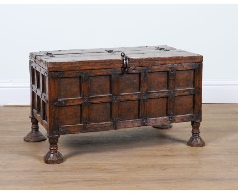 A 19TH CENTURY INDIAN IRON BOUND TEAK LIFT TOP TRUNK70cm wide; 40cm deep; 42cm high