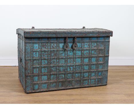 A BLUE PAINTED INDIAN IRON BOUND HARDWOOD TRUNK104cm wide; 64cm deep; 68cm high