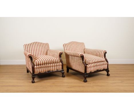 A VICTORIAN STYLE MAHOGANY FRAMED THREE PIECE SUITE (3)Comprising a two seat sofa 165cm wide; 75cm high and a pair of armchai