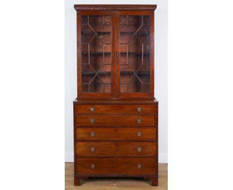 A LATE GEORGE III MAHOGANY SECERTAIRE BOOKCASE CABINET118cm wide; 38cm deep; 231cm highOld marks and present consistent with 