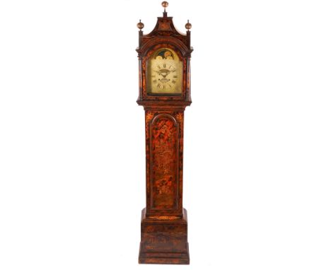 A LATE GEORGE II/EARLY GEORGE III PARCEL-GILT, RED LACQUER TO IMITATE TORTOISESHELL AND CHINOISERIE DECORATED LONGCASE CLOCKT