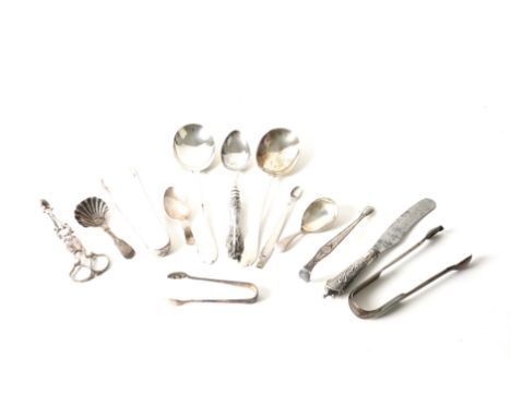 A PAIR OF SILVER SERVING SPOONS AND FURTHER MOSTLY SILVER FLATWARE (12)The serving spoons London 1901, also a pair of sugar n