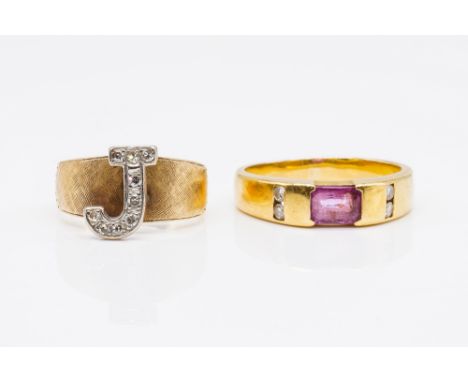 TWO GOLD AND GEM SET RINGS (2)Comprising; a gold and diamond ring with an initial J motif, detailed indistinctly 18 K, ring s