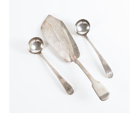 A SILVER FIDDLE PATTERN FISH SLICE AND A PAIR OF SILVER SAUCE LADLES (3)The fish slice with pierced and engraved decoration, 
