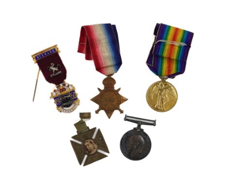 THREE GREAT WAR MEDALS AND TWO FURTHER ITEMS (5)Comprising a 1914/15 star, a 1914/18 British war medal and a 1914/18 Victory 