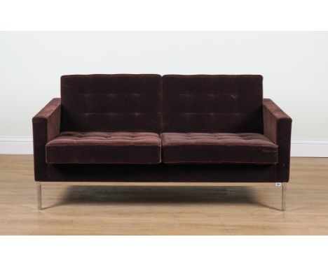 KNOLL STUDIO, FLORENCE KNOLL; A BROWN BUTTONBACK UPHOLSTERED TWO SEAT SOFAOn chrome supports 155cm wide; 78cm highGood overal