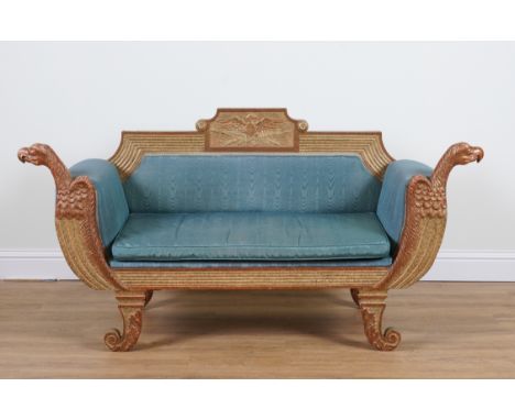 A FRENCH EMPIRE REVIVAL SMALL SOFAWith griffin head finials 170cm wide; 80cm high