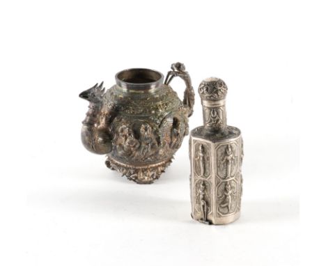 AN ASIAN TEAPOT AND AN ASIAN SCENT BOTTLE STAND (2)The teapot decorated with figures, raised on a pierced foot, the spout end