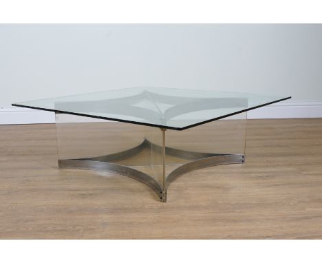 A MID 20TH CENTURY STEEL AND PERSPEX COFFEE TABLEWith square glass top 107cm wide; 37cm highOne chip to the glass top edge, p