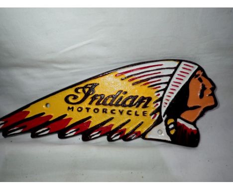 Cast iron Indian Motorcycles plaque. W:25cm. UK P&amp;P Group 2 (£20+VAT for the first lot and £4+VAT for subsequent lots) 