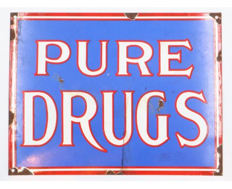 Enamel pure drugs sign, 38 x 29 cm. UK P&amp;P Group 2 (£20+VAT for the first lot and £4+VAT for subsequent lots) 