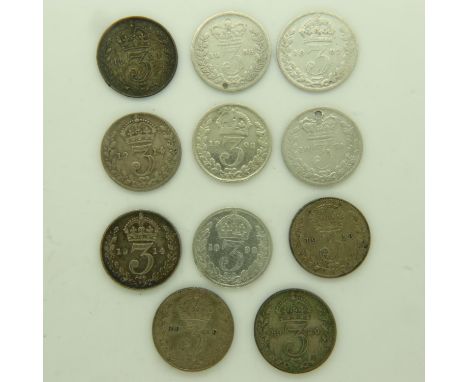 Eleven Victorian and later silver threepences. UK P&amp;P Group 0 (£6+VAT for the first lot and £1+VAT for subsequent lots) 
