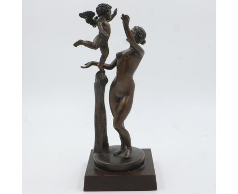 Cast bronze nude figure with cupid on wooden plinth base, H: 32 cm. UK P&amp;P Group 2 (£20+VAT for the first lot and £4+VAT 