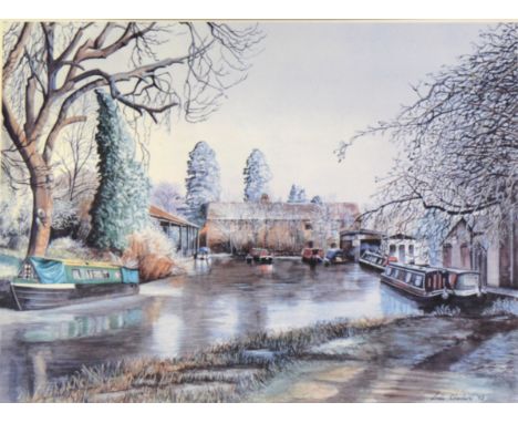 Linda Chambers, The Canal Basin, Market Harborough, colour print; three abstract prints; other pictures and a Tom Cruise sign