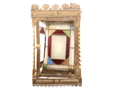 An Edwardian brass hall lantern, leaded stained glass panels, damaged, 34cm.