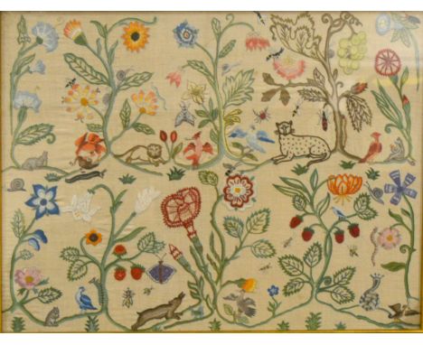 A Tapestry panel, 20th Century, with various animals and birds amongst flowers, framed and glazed 54cm x 70cm.