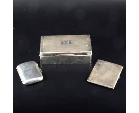 A silver cigarette box, Alfred Deeley, Birmingham 1933, wood-lined, engine-turned, 4.8cm x 16cm x 8.6cm, and two silver cigar