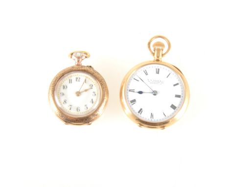 Two fob watches, a yellow metal fob watch with white enamel dial and arabic numeral chapter ring in an engraved case with ena