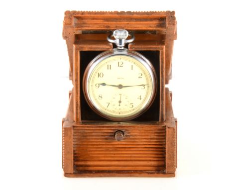 A Smith's open face pocket watch in a wooden bedside travelling case, the Smith open face pocket watch with cream arabic dial