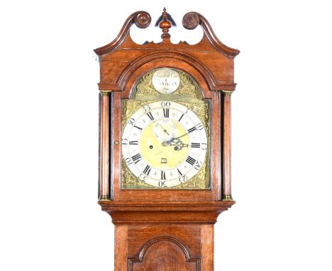 An oak longcase clock, arched brass dial, signed Archibald Coats, Wigan, within the lunette, subsidiary second dial and date 