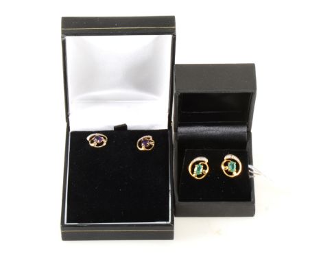 A pair of Siberian emerald and diamond earrings, the oval brilliant cut emeralds 6mm x 4mm four claw set with five diamonds s