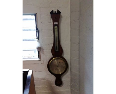 A Victorian inlaid mahogany banjo-shape wall barometer, silvered dial signed Berringer, London, thermometer over, 96cm.
