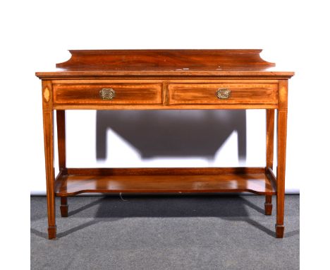 An Edwardian inlaid mahogany servery, with satinwood banding and stringing, fitted with two frieze drawers over an open shelf