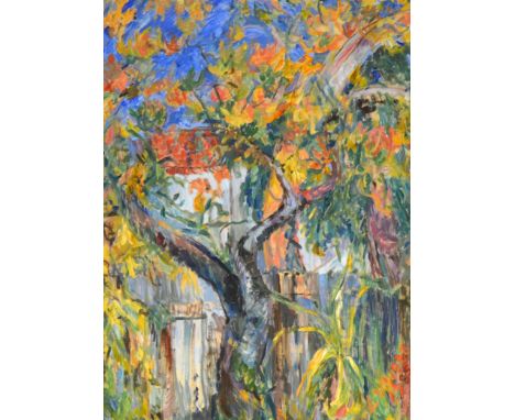 English School, 20th Century, Trees in a garden, oil on board, unsigned, 74cm x 54cm.