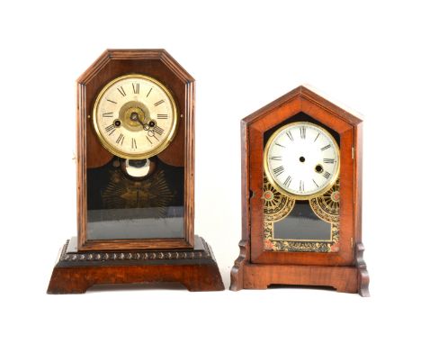 A wooden shelf clock with roman dial and pendulum, twin train and another similar clock case, the Price Guide to Collectable 