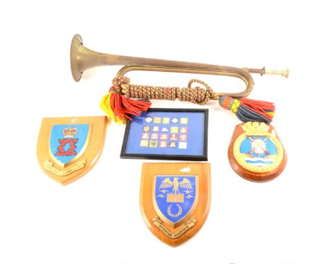 A bugle by Mayers and Harrison, Regimental plaques, buckles etc