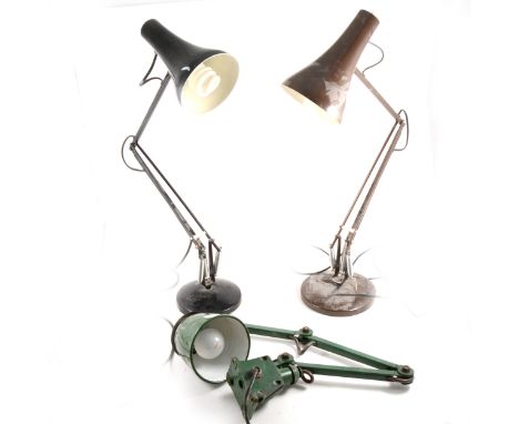 Wall/ worktop mounted green enamel industrial angle-poise lamp, and two other desktop angle-poise lamps. (Qty: 3)