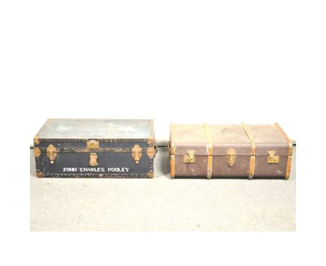 An old cloth trunk, with wooden bails, width 91cm; and another trunk. (2)