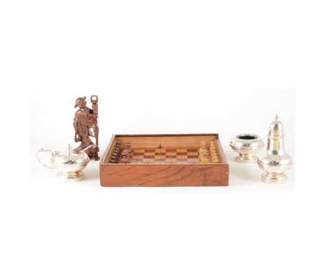 A travelling chess set; knitting needles; haberdashery set; olive wood box; carved hardwood figure; plated cruet, etc.