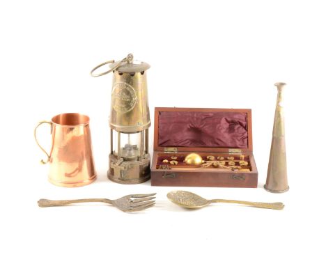 Sykes hydrometer, mahogany box, 20cm; copper hunting horn; miners lamp; copper tankard; and a pair of servers.