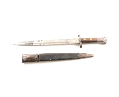 Lee Metford bayonet, leather scabbard, and a hatchet, (2).