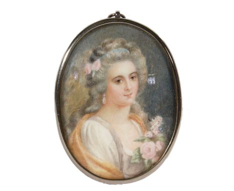 French School, late 18th Century - Portrait of a lady in an ochre gown and holding flowers, watercolour on ivory, 7 x 5cms, i