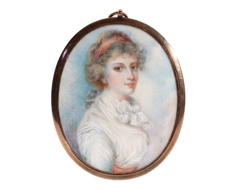 British School, late 18th Century - Portrait of a young woman with red headband, watercolour on ivory, 7.5 x 6cms, in rose go