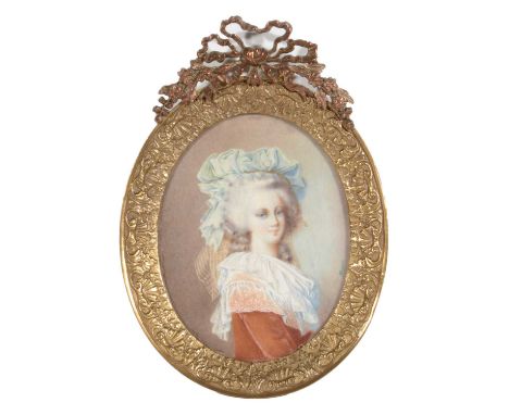 * Harmois - Portrait of a young woman in blue cap and lace shawl, signed, watercolour on ivory, 10.5 x 8cms, in a gilt metal 