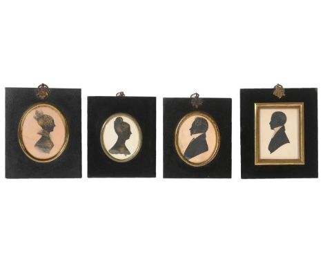 British School, 19th Century - Group of four portrait silhouettes, ink on card heightened in gold, in ebonised frames. (4)