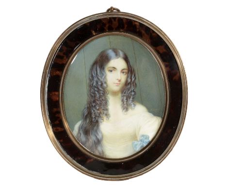 P* Legros - Portrait of a young lady with ringlets, signed, watercolour on ivory, 11 x 9cms, in a gilt and tortoise shell fra