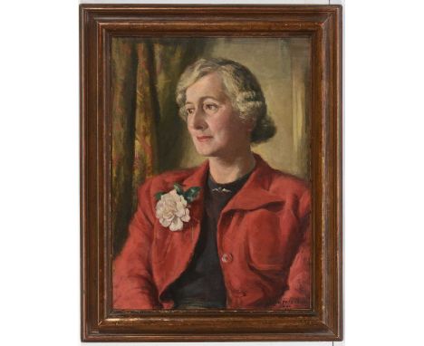 Hamish Paterson - Portrait of a lady with red coat and rose, signed and dated, 1944, oil on canvas, 55 x 40cms, in gold paint