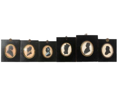 British School, 19th Century - Group of six portrait silhouettes, ink on card, in ebonised frames. (6)