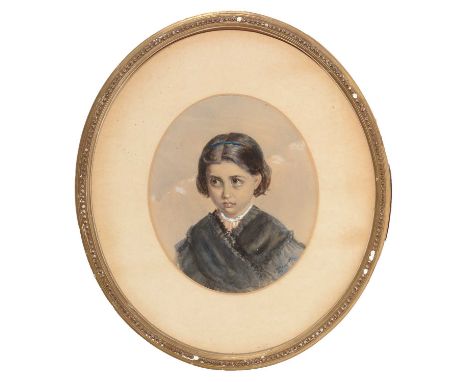 E* Potts - Portrait of a young girl with blue headband, signed and dated 1875, watercolour, 24 x 20cms, in oval gilt frame,
