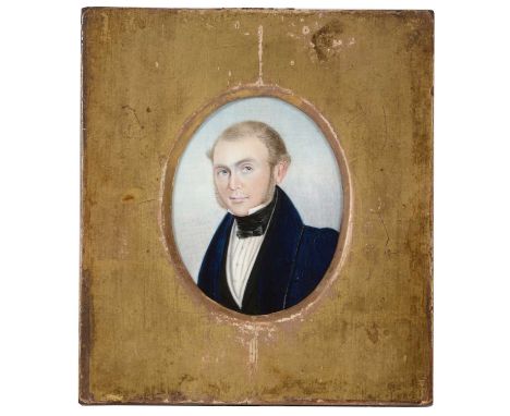 B* Woodley - Portrait of a gentleman in black stock and blue coat, signed and dated 1833, watercolour on ivory, 8 x 6.5cms, i