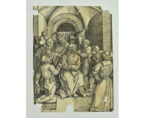 Hans Leonard Schaufelein - a 16th century circa 1519 woodcut print engraving titled 'The Mocking of Christ'. The engraving fe