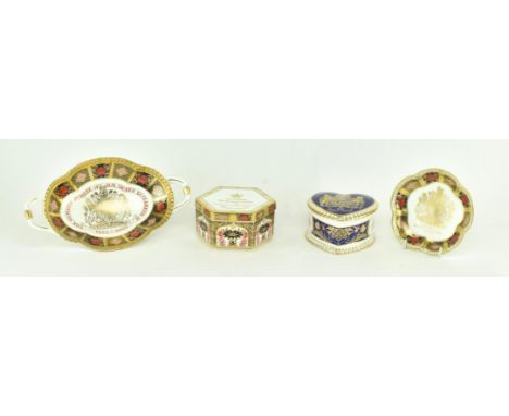 Royal Crown Derby- A collection of four fine bone china items to include a twin handled bon bon dish / tray to celebrate Quee